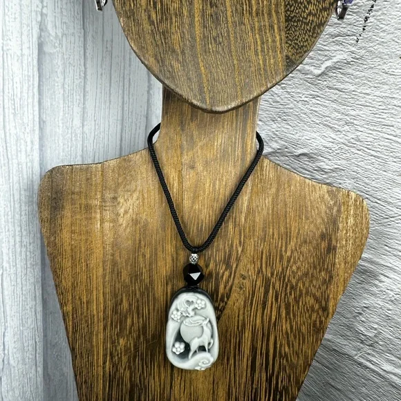 Tai Chi Stone Deer Pendant Necklace on Black Adjustable Rope - Picture 4 of 11